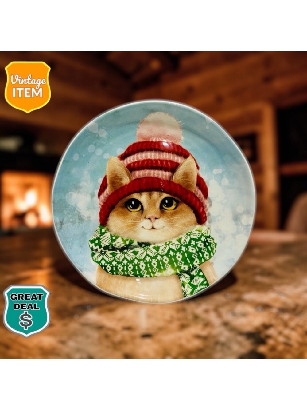 Pier 1 Imports Decorative Plate 8.5" Ironstone Cute Cat in Winter Hat and Scarf!
